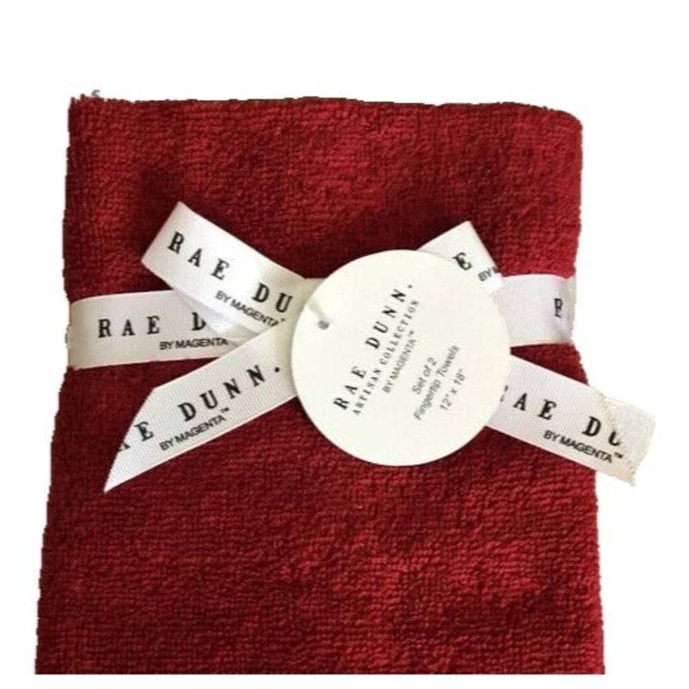 Rae Dunn Christmas Fingertip Towels Joy Red Gold Embroidered Set of 2 Bathroom